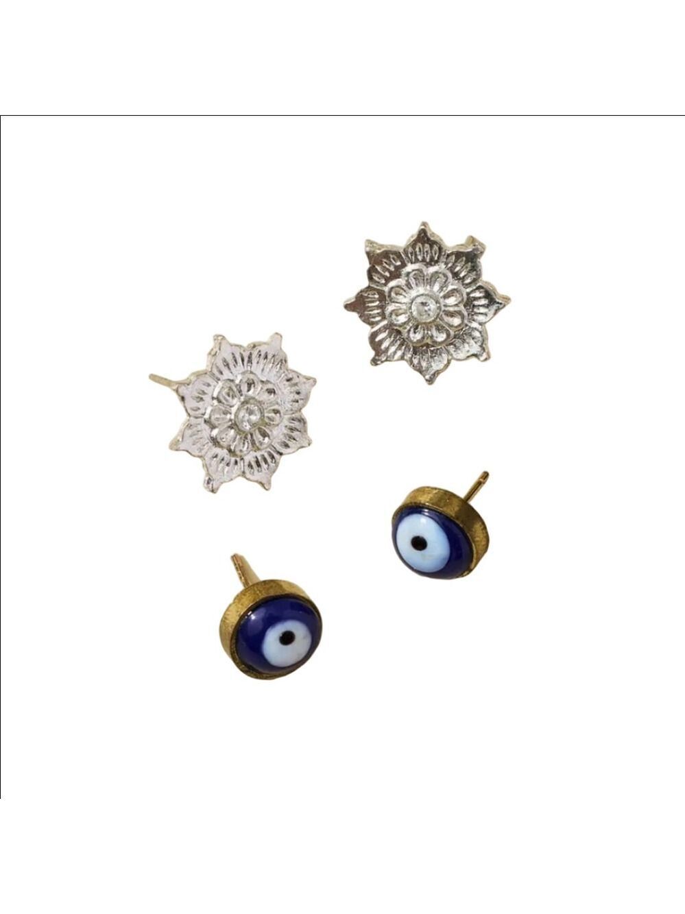 MATR BOOMIE Drishti Evil Eye and Silver Tone Flower Charm Stud Earrings Set of 2
